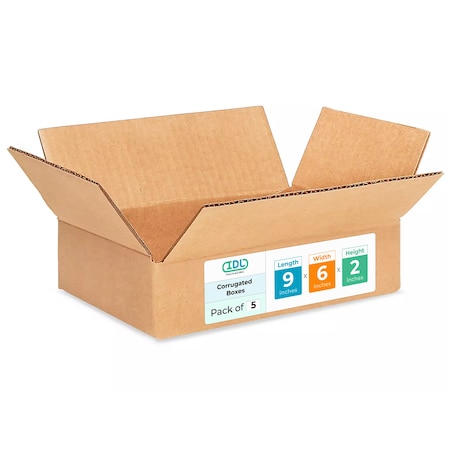 Idl Packaging 9 in x 6 in x 2 in Shipping Box, Kraft, Corrugate, Single Wall, 200#, 5 PK B-962-5